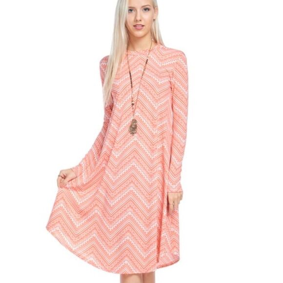 NEW! Cute Coral Color Chevron Pattern Long Sleeve Dress - Picture 1 of 3